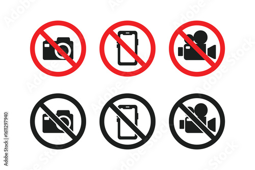 No Video, photo, phone, or sound recording forbidden icons. Photo, video, and phone prohibition symbol sign set. No photographing and filming prohibit icon logo collection.