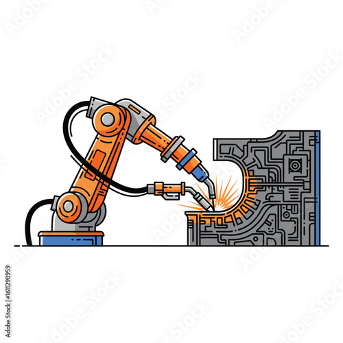 Futuristic industrial robotic arm performing precise welding on a metal part. Modern blacksmith concept with automated machinery.