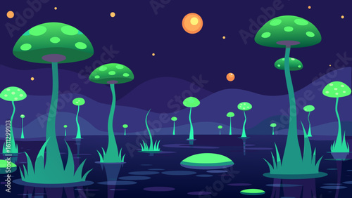 A red cartoon toadstool mushroom with a green umbrella leaf stands in the autumn forest grass as a nature vector illustration of a fungus plant during summer rain