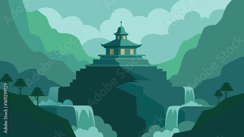 Vector illustration of a Chinese temple silhouette featuring the Temple of Heaven pagoda and a travel tower building against a sunset sky with nature landscape clouds and city architecture