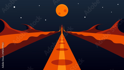 Vector illustration of a Halloween pumpkin and Christmas tree under a dark starry night sky with a blue moon over a snowy winter mountain landscape silhouette