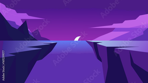 3d render of a fantasy landscape with the moon and a blue origami crane bird symbol flying in the sky as a paper art illustration