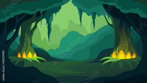 Vector illustration of a tropical underwater world map featuring colorful fish and ocean waves set against a summer nature landscape with blue water and distant mountains under a sunny sky