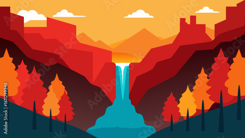 A vibrant vector illustration of a mountain sunset landscape, featuring a fiery sky over silhouetted hills and trees