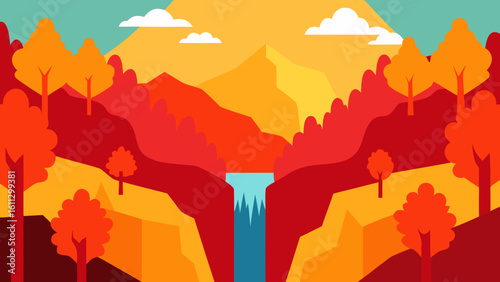 Abstract autumn landscape vector illustration: nature's design of mountains, trees, and sunlit sky