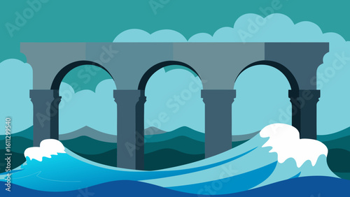 Ancient vector city and castle landscape illustration with clouds and distant mountains