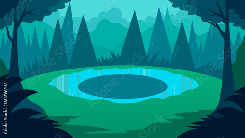 Winter forest landscape illustration with snow-covered pine trees and mountains under a night sky