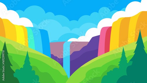 Green mountainous landscape with rainbow, clouds, and trees under a blue sky