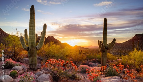 vibrant saguaro cactus with flowers and rocks in desert landscape