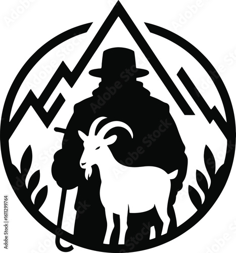 Silhouette of a shepherd with a goat and mountains