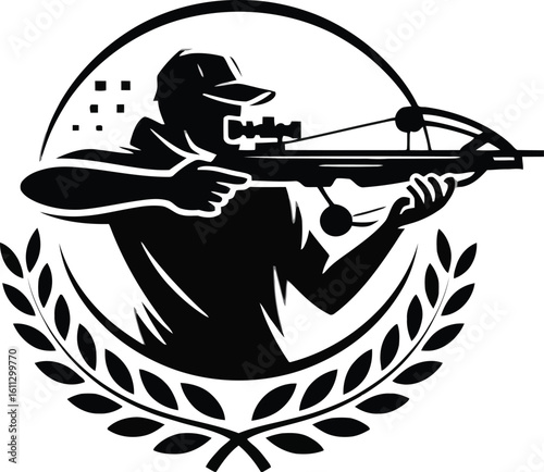 Silhouette of a hunter aiming a crossbow within a laurel wreath emblem
