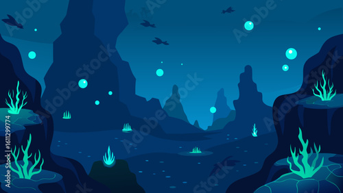 Blue abstract ocean map with marine life and diver's light illuminating deep-sea fish