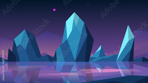 Abstract vector illustration of a mountain landscape with snowy peaks under a sunset sky, perfect for nature and travel designs