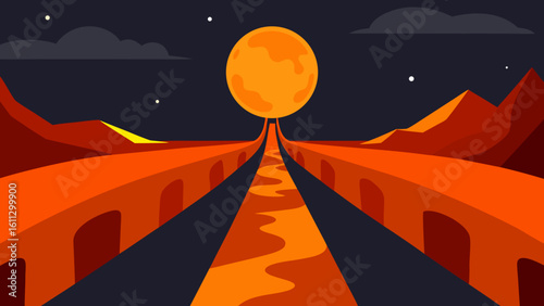 Moonlit asphalt highway leading to a haunted town with silhouetted houses under a dark Halloween sky