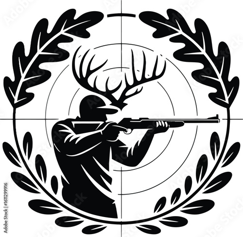 Hunter aiming rifle at deer antlers within laurel wreath target