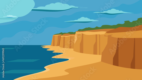 Morning coastal landscape with blue sky, ocean waves, and rocky beach views