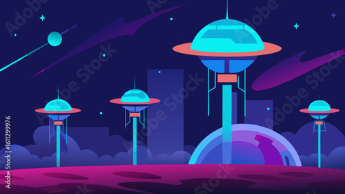 Colorful cartoon illustration of a UFO spaceship in the night sky with an alien design