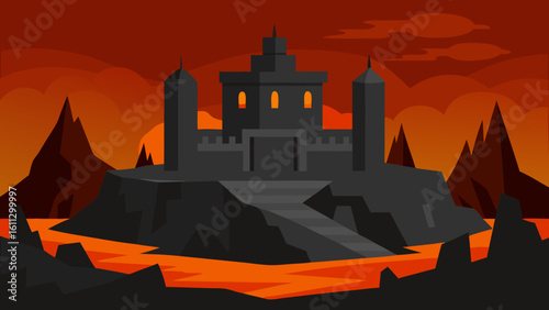 Ancient European castle silhouette against a dramatic sunset sky, its towers looming over a city, perfect for a Halloween night illustration