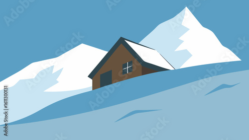 Snowy winter mountain landscape with a cozy alpine house amidst the peaks and ski slopes