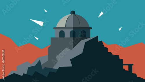 Vector illustration of a Greek orthodox church at night, with a dome, bell tower, and sea view