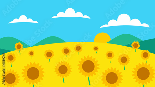 Golden sunflowers bask in the summer sun, a vibrant meadow landscape under a clear sky with soft clouds