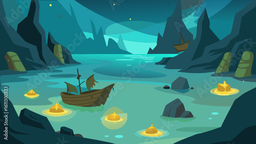 A serene night landscape showcases a lone sailboat gently traversing the ocean, beneath a sky illuminated by the summer moon