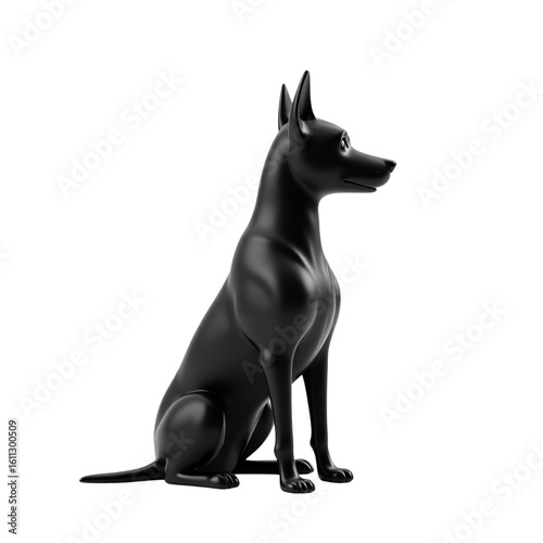 Elegant black dog statue sitting alertly isolated on transparent background