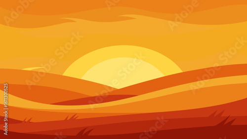Orange and yellow hues paint the sky over diverse landscapes, from serene desert dunes with silhouetted trees to a vibrant beach with rolling waves, capturing the essence of a summer evening horizon
