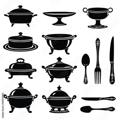 Elegant vintage tableware vector illustration featuring bowls plates and cutlery silhouette set design