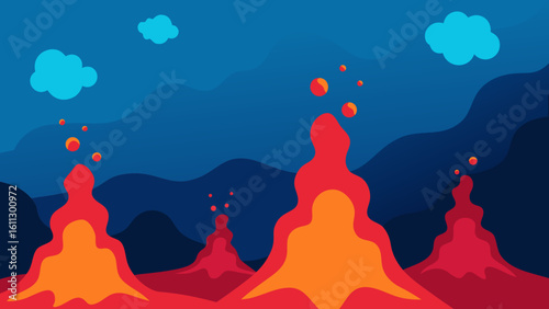 Red hot air balloon over desert mountains at sunset, vector illustration