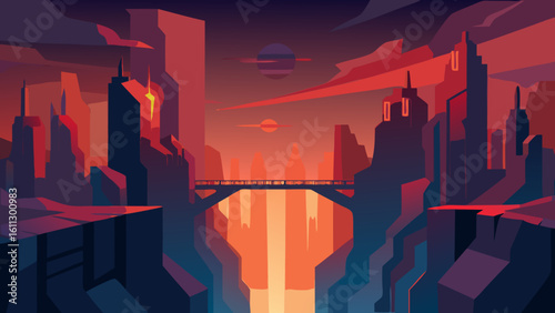 Urban skyline illustration at night with building silhouettes against a polluted sky