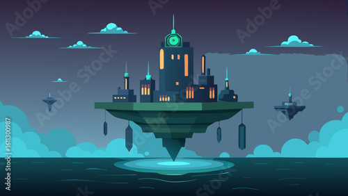 Travel through an enchanting night city landscape, where a majestic castle stands silhouetted against the sky, its tower reflecting in the still lake beside a lone boat, an ideal illustration for your