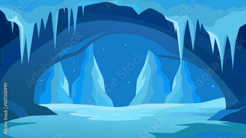 Abstract vector illustration of a cold winter mountain landscape with snow, ice, and blue sky