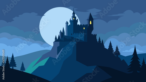 A vector illustration of a spooky night city landscape with a castle silhouette under a dark, moonlit sky