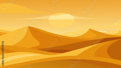 Desert sunset paints the Sahara landscape with orange and yellow hues, highlighting the dry, arid sand dunes