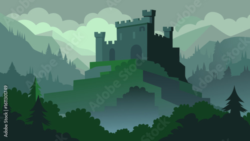 Landscape with castle and city skyline silhouette, a vector illustration of urban architecture at sunset