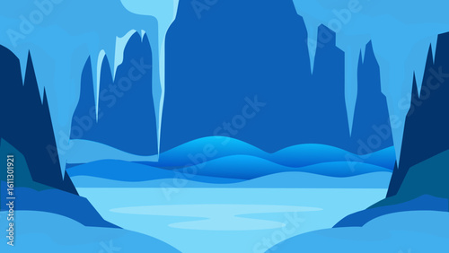 Icy mountain peaks pierce a dramatic sky in a vast winter landscape, with snow-covered trees lining a frozen lake