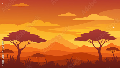 Vibrant sunset landscapes with silhouetted trees and mountains or desert horizons