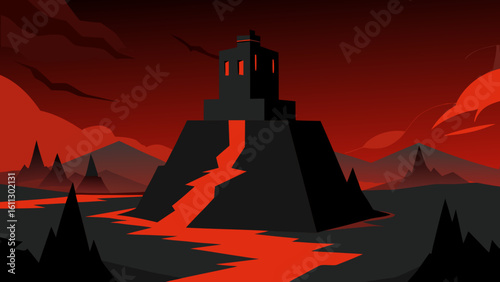 A lone, old castle stands silhouetted against the evening sky, its towers piercing the clouds above a dark, mountainous landscape