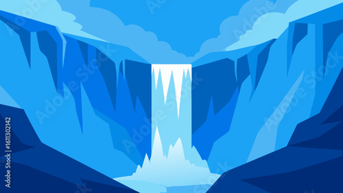 Blue mountain landscape with icy glaciers and snow-capped peaks under a cloudy sky