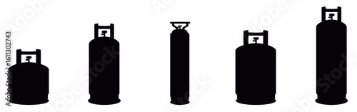Gas cylinders vector. Diving cylinders icons set vector. A collection of black and white icons of various types of gas cylinders. The collection includes a variety of shapes and sizes. Vector illustra