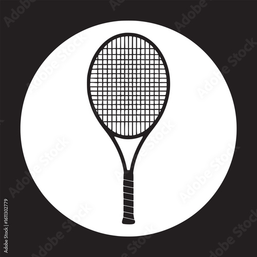 A black and white vector illustration of a tennis racket inside of a white circle on black background