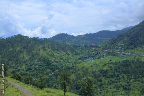 A panoramic view of the mountains of Tehri Garhwal, showing forests, mountains and beautiful villages.
