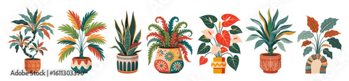 Colorful abstract funky house plants in pots, mid-century modern retro style with geometric patterns, perfect for vibrant, stylish decor and graphic design projects