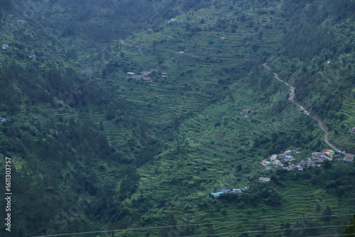 A panoramic view of the mountains of Tehri Garhwal, showing forests, mountains and beautiful villages.