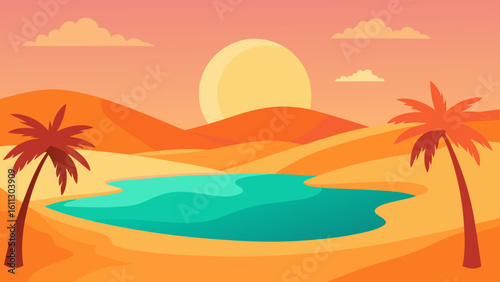 Tropical island beach with palm trees, ocean waves, and summer sun vector illustration