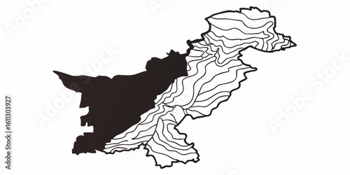 Outline map of pakistan with topographical lines and a shaded area on the western side of the country