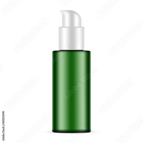 Realistic 3D mockup of a green cosmetic pump bottle on white background. Ideal for branding natural skincare, face serum, or eco beauty products. Isolated minimal design