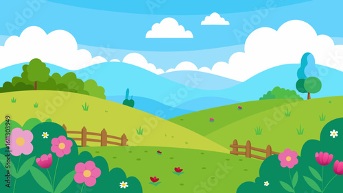 A vibrant cartoon summer and spring landscape with mountains, green grass, and a blue sky dotted with clouds and sun
