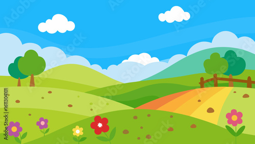 Green summer landscape with blue sky, rolling hills, and a vibrant meadow